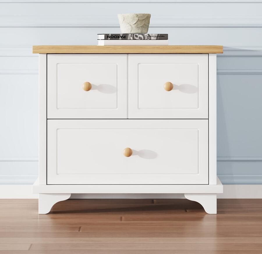 Sweiko Sweikko Nachtkastje met 2 lades Opbergkast Stille glijder Zorgvuldig vervaardigde voeten opbergruimte voor woon- en slaapkamer MDF+spaanplaat Wit+Natural