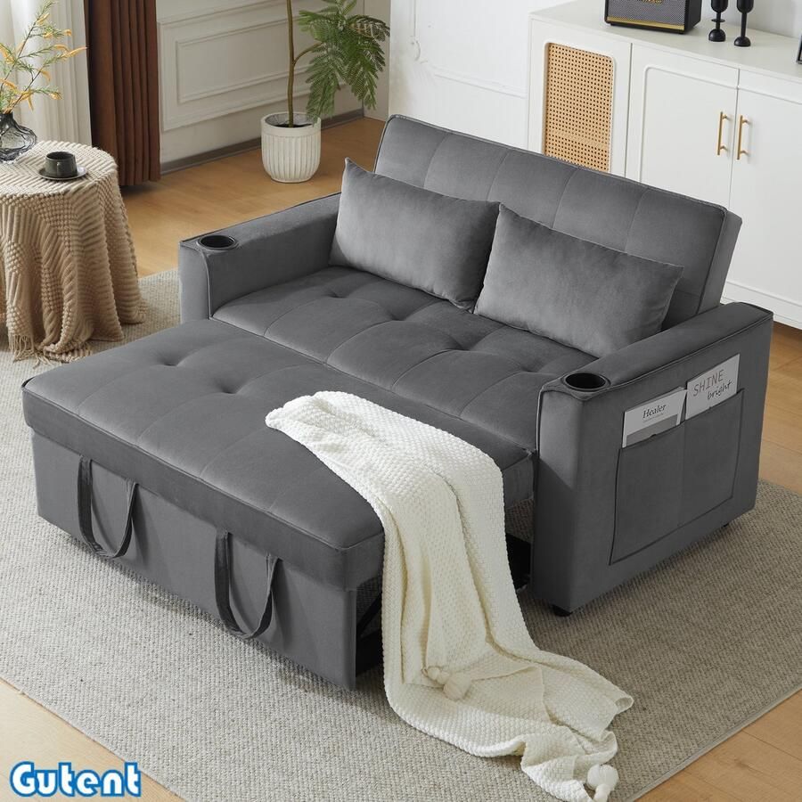 Gutent Opvouwbare slaapbank met slaapfunctie met bekerhouder en kussens Grijs