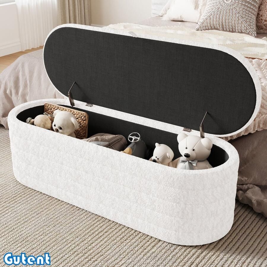 Gutent Poef Bankkruk met opbergruimte 120 x 40 cm Teddy Fluweel Wit