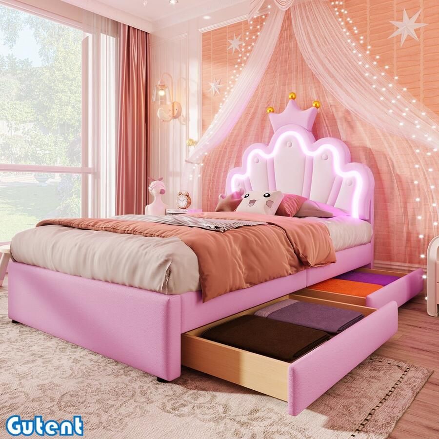 Gutent prinsessenbed 90 x 200 cm Zonder matras LED-verlichting 2 lades (77 x 37 x 10 cm) PU -Roze