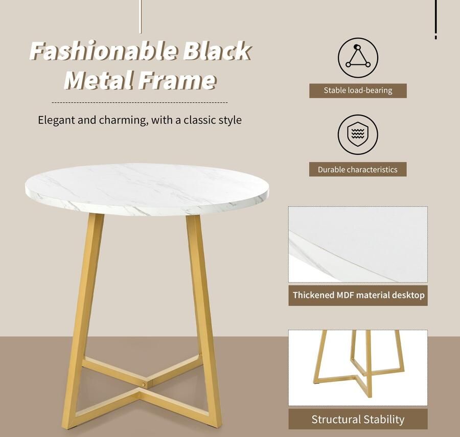 Gutent Ronde Eettafel (1 stuk) Wit Goud MDF-materiaal Eettafel voor keuken uniek metalen frame moderne eettafel met marmerpatroon voor eetkamer woonkamer