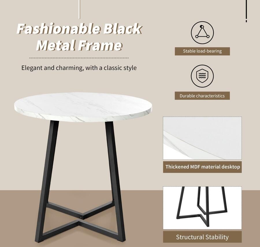 Gutent Ronde Eettafel (1 stuk) Wit Zwart MDF-materiaal Eettafel voor keuken uniek metalen frame moderne eettafel met marmerpatroon voor eetkamer woonkamer