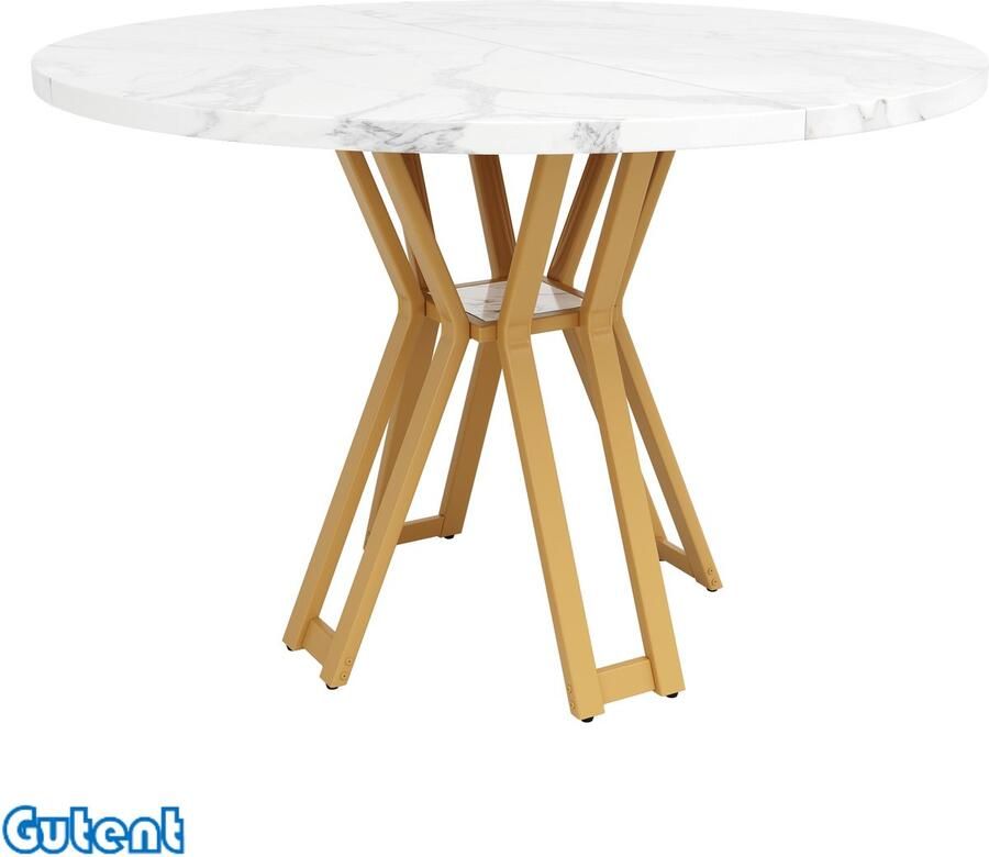 Gutent Ronde eettafel (100 x 100 x 76 cm) MDF tafelblad Gouden poten Marmer Wit