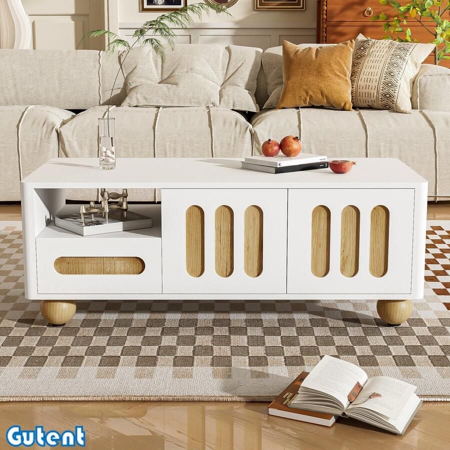 Gutent Salontafel 105x50x40 cm Wit houtlook Met 4 deuren 2 laden LED verlichting Afgeronde hoeken Bolvormige poten