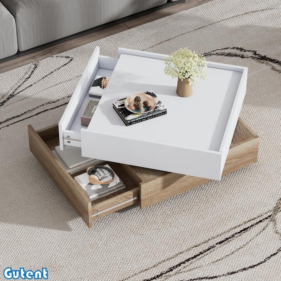 Gutent Salontafel 360° Draaibaar 2 Planken Notenhouten Frame Wit + Notenhout 60*60*38cm