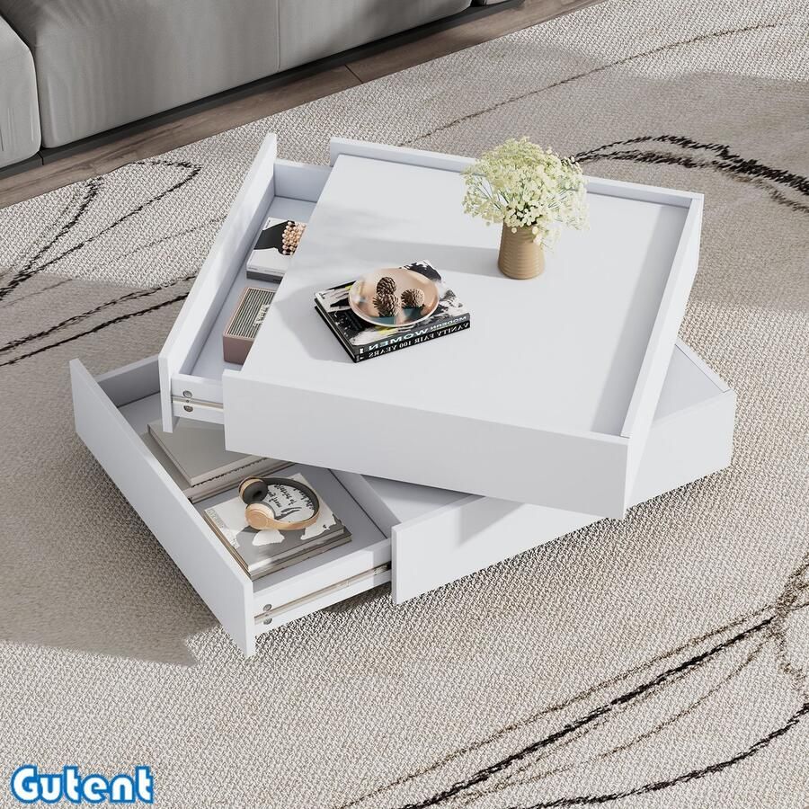 Gutent Salontafel 360° draaibaar 2 Planken Opbergruimte Zuiver Wit