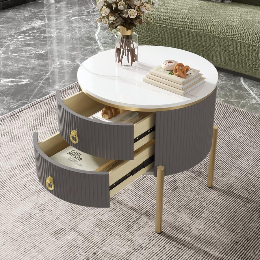 Gutent Salontafel Grijs met laden Speciale Afwerking Gouden poten en handgrepen