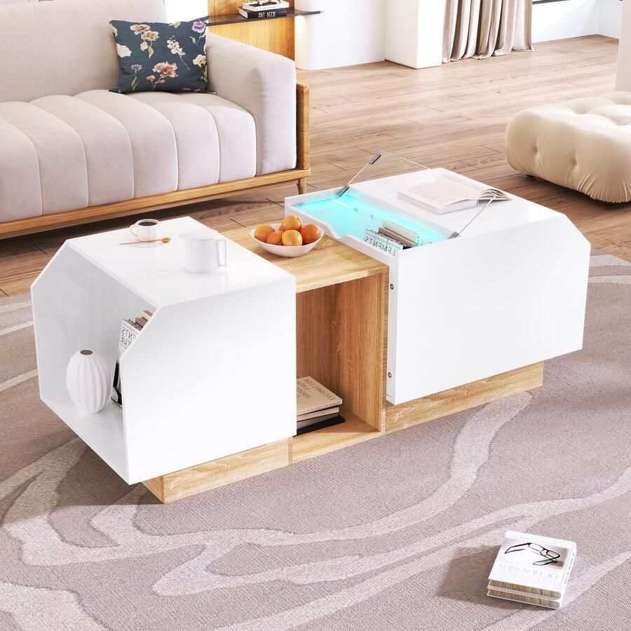 Sweiko Moderne hoogglans LED Salontafel Woonkamer tafel met multifunctionele planken kleurencombinatie van glas Wit en Hout