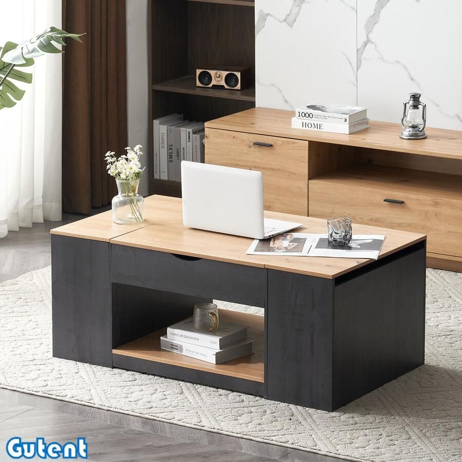 Gutent Salontafel met liftfunctie Grijs frame Stijlvol ontwerp Opbergruimte onder tafelblad