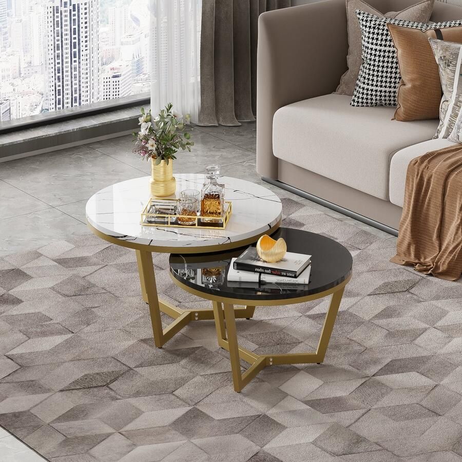 Gutent Salontafel set van 2 Gouden metalen frame Elegante Salontafel met patchwork door marmer geaderde bijzettafel