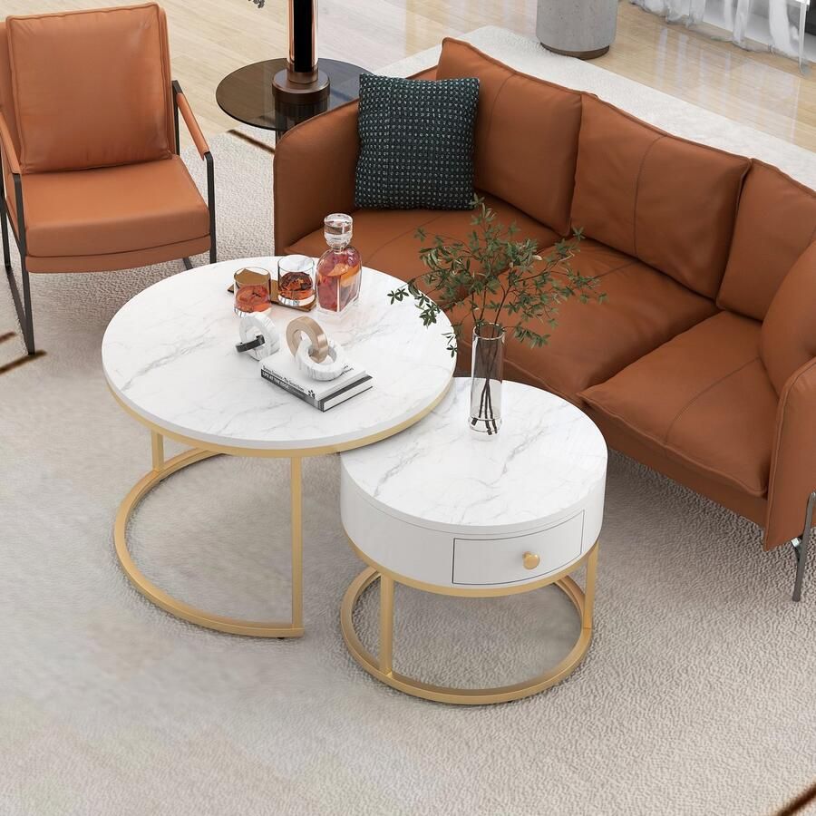 Gutent Salontafel set van 2 Wit en Goud MDF Moderne Nesting salontafel Hoogglans marmerpatroon Ronde salontafel ronde nesting bijzettafel