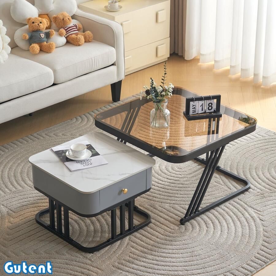 Gutent Salontafel Tweedelige Premium salontafel Teal glas Met massief houten laden Wit blad