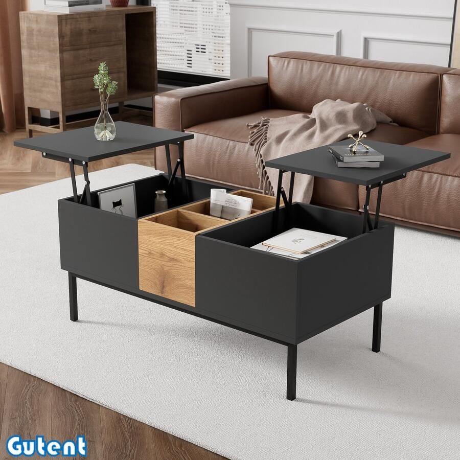 Gutent Salontafel Verstelbaar tafelblad Zwartgrijs en houtlook In hoogte verstelbaar Flexibel 100x50 cm