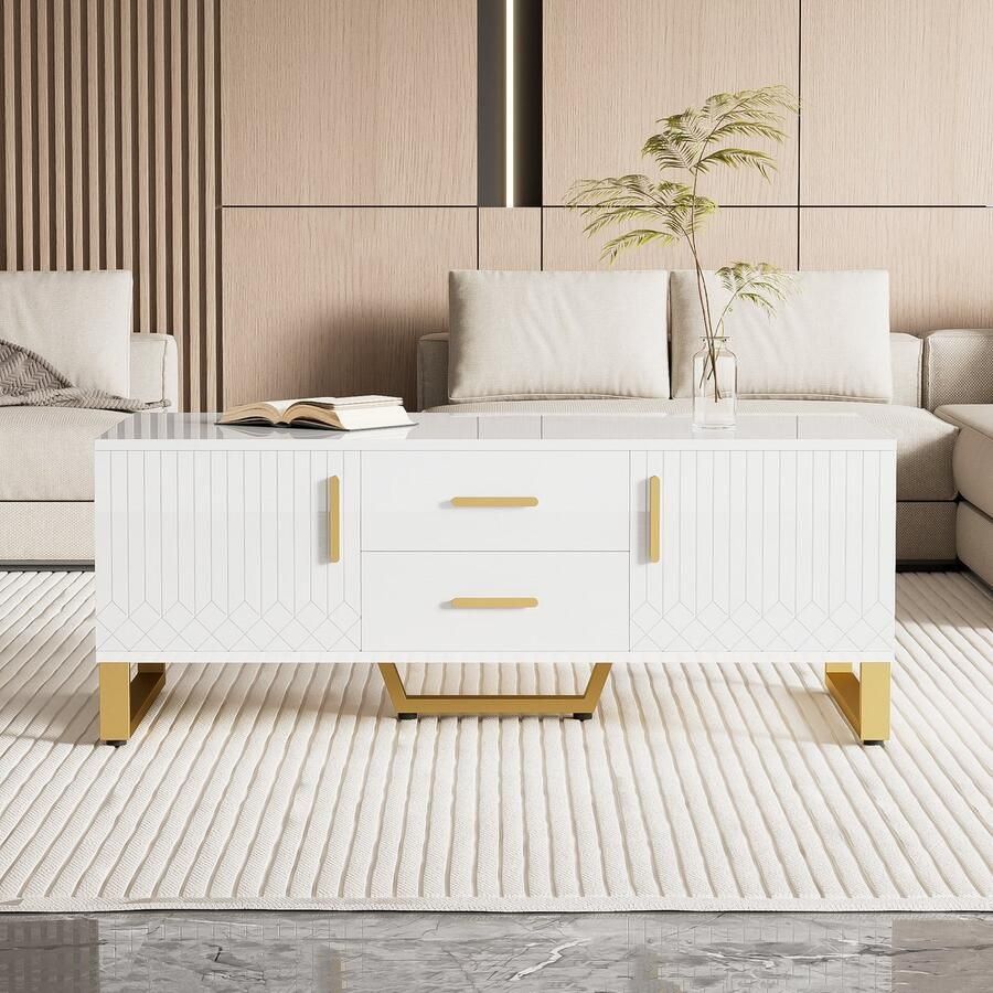 Gutent Salontafel Wit en goud Hoogglans Salontafel met laden Gouden handgrepen en poten met open opbergvakken en speciaal deurpaneelontwerp