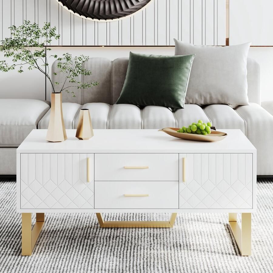 Gutent Salontafel Wit Hoogglans Salontafel met laden Gouden handgrepen en poten Speciaal deurontwerp