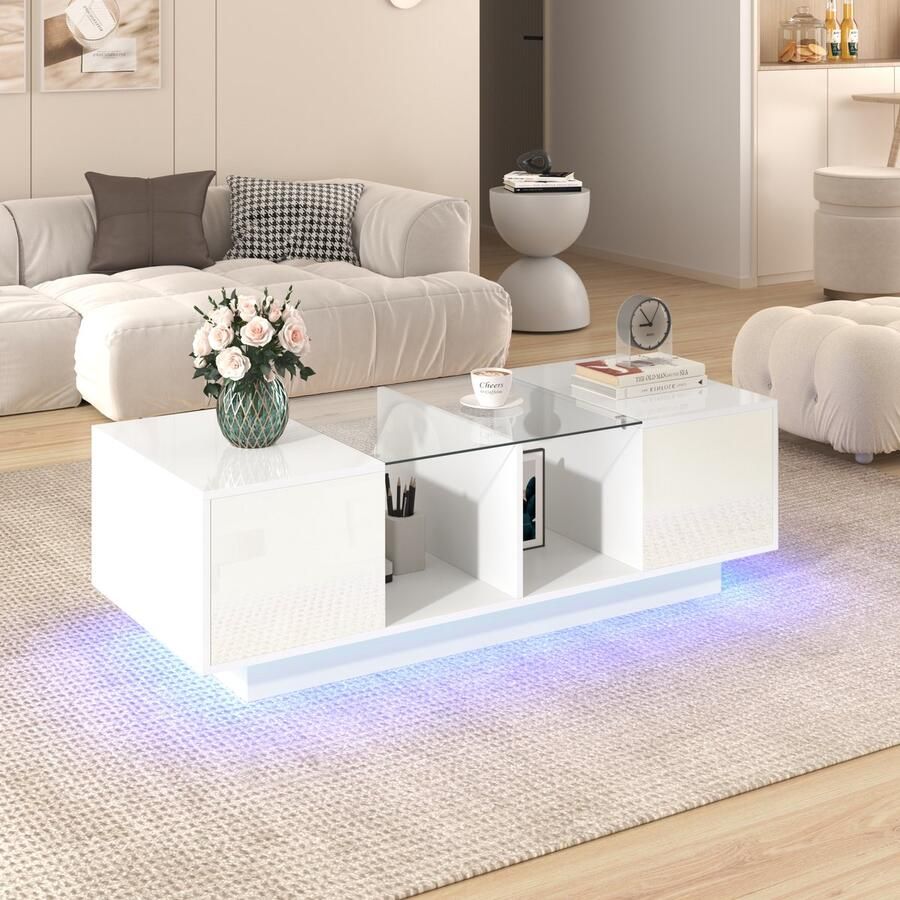 Sweiko Hoogglans salontafel woonkamer tafel met glazen plank twee deuren grote opslagruimte veelkleurige LED verlichtingseffecten