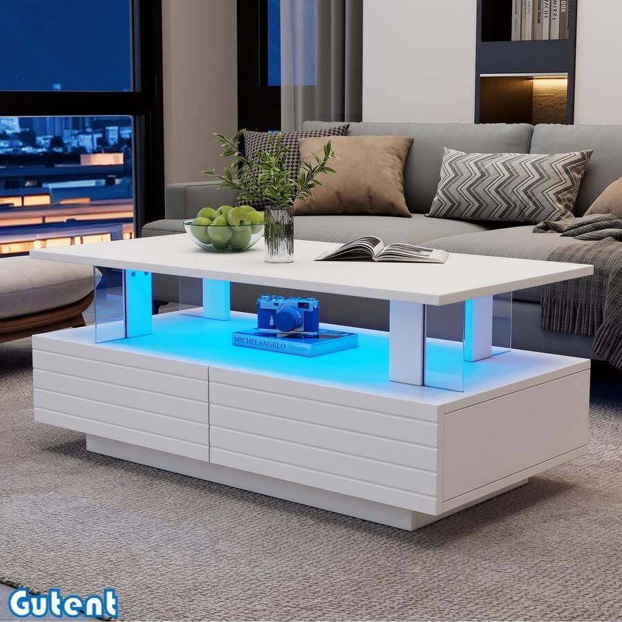 Gutent Salontafel Wit LED-koffietafel met opbergruimte Acryltafel Dubbele rechthoek met mobiele Bluetooth-appbediening