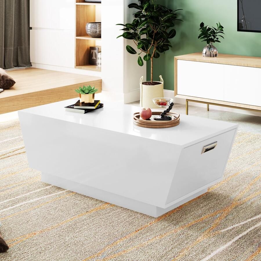 Sweiko Salontafel Moderne LED verlichting Hoogglans handvat omgekeerde trapezium salontafel ingebed handvat met opbergruimte Wit