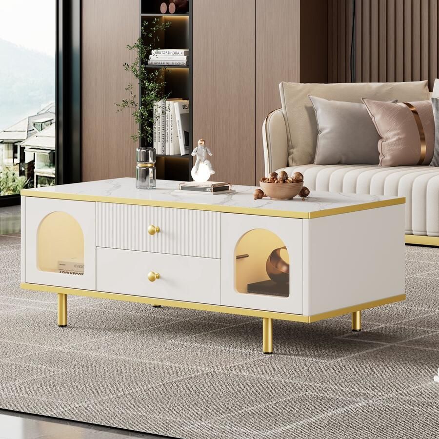 Gutent Salontafel Wit Spaanplaatmateriaal Hoogglans LED-licht Salontafel Luxe alkoof salontafel met laden gemarmerd tafelblad goudkleurige metalen decoraties sofatafel woonkamertafel