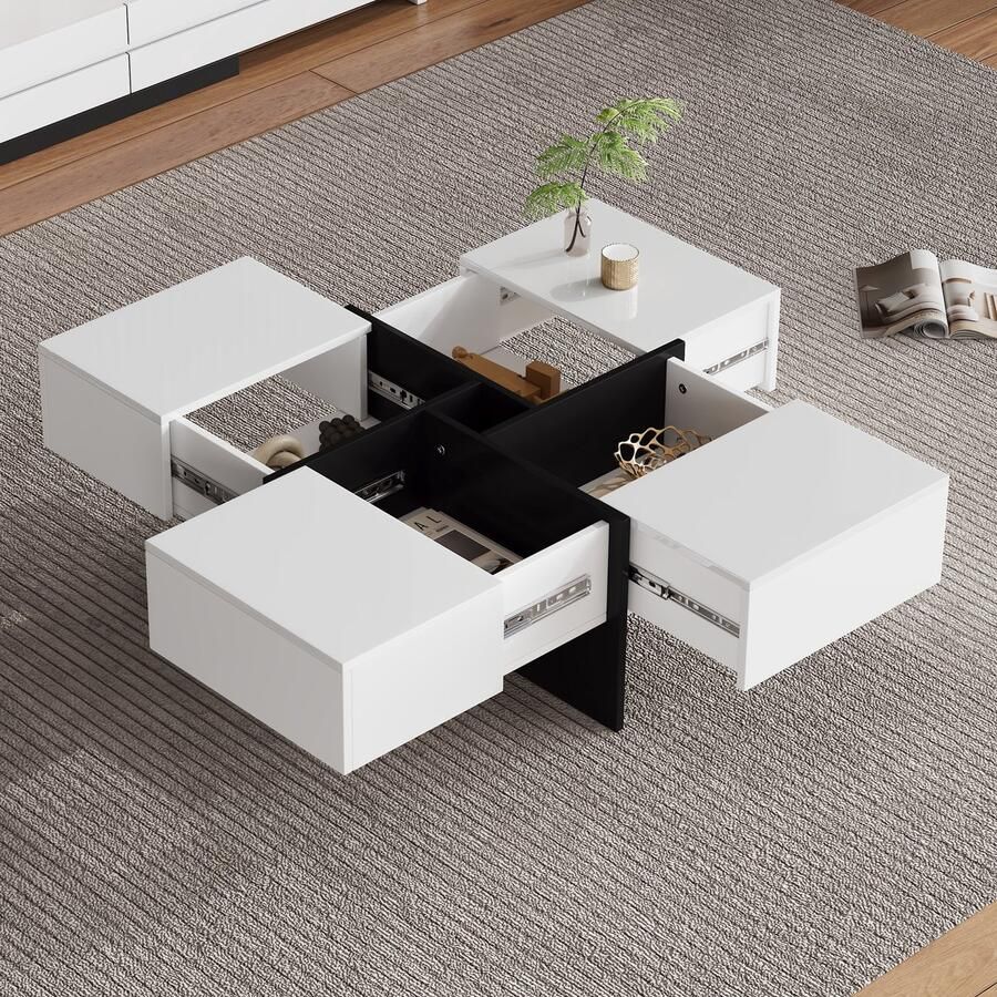 Gutent Salontafel Wit Zwart-Wit Design Ingebouwd Opbergvak en 4 stevige laden maximaal draagvermogen 30kg vierkante hoogglans salontafel elegante hoogglans salontafel 70*70*35cm