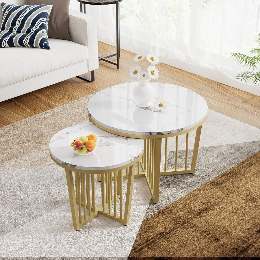 Sweiko Moderne salontafel Gouden combinatie Bijzettafel Salontafel set Woonkamer tafel sofa tafel marmer patroon 2-delige set Wit