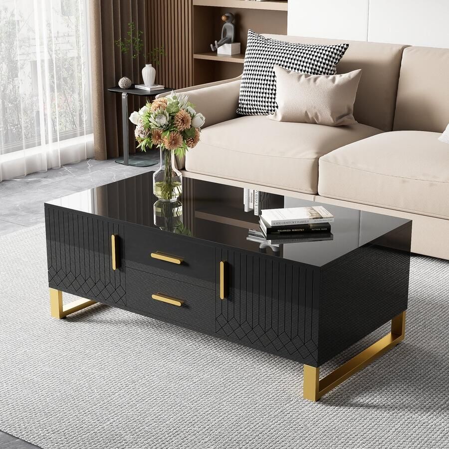 Gutent Salontafel Zwart en goud Hoogglans Salontafel met laden Gouden handgrepen en poten met open opbergvakken en speciaal deurpaneelontwerp