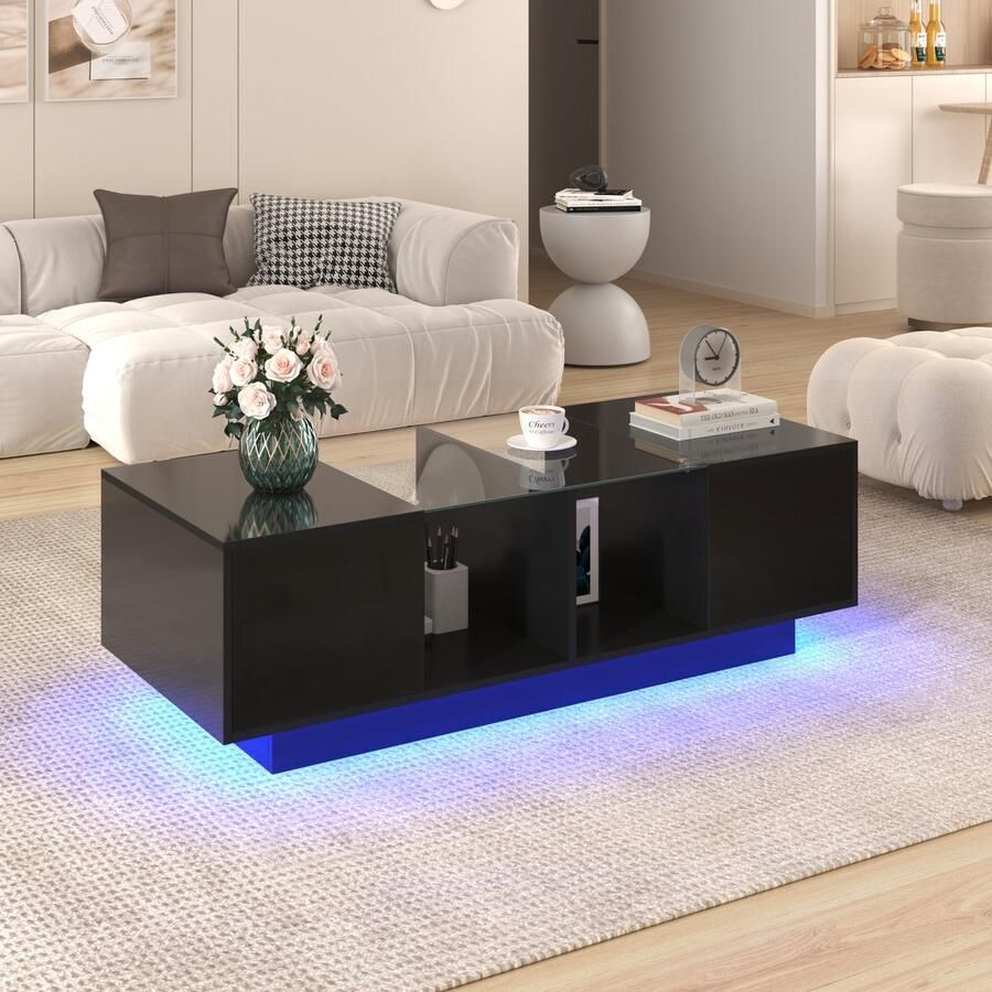 Sweiko Hoogglans salontafel woonkamer tafel met glazen plank twee deuren grote opslagruimte veelkleurige LED verlichtingseffecten