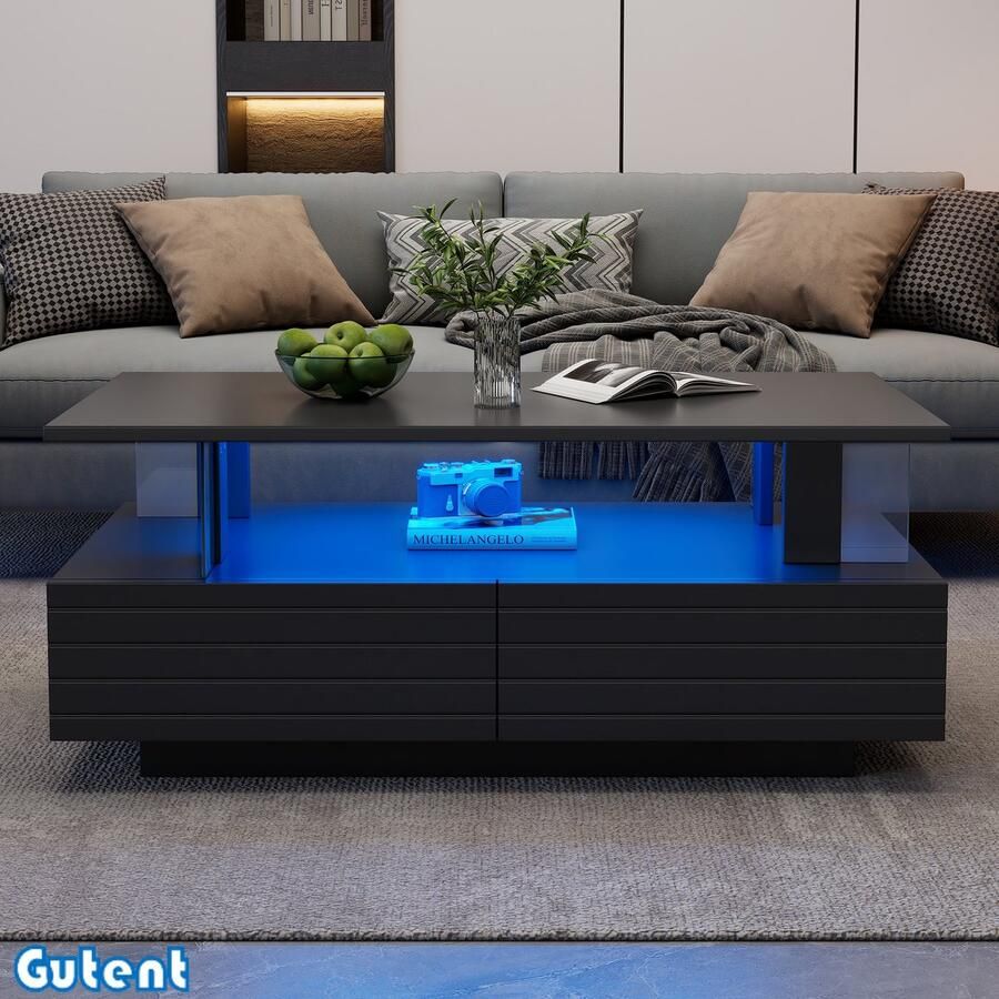 Gutent Salontafel Zwart LED-koffietafel met opbergruimte Acryltafel Dubbele rechthoek met mobiele Bluetooth-appbediening