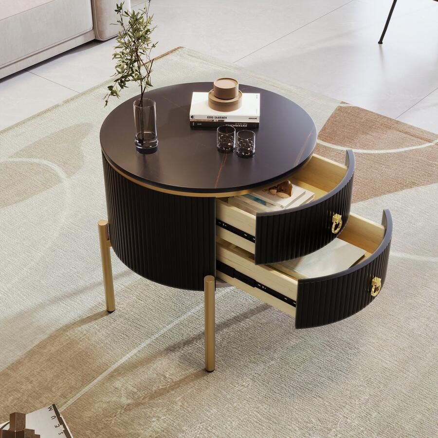 Gutent Salontafel Zwart met laden Speciale Afwerking Gouden poten en handgrepen