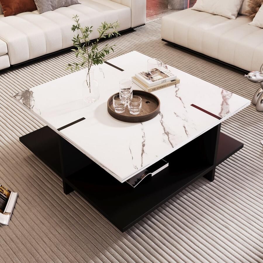 Gutent Salontafel Zwart Wit design MDF met Opbergruimte Vierkante salontafel modern minimalistisch wit marmeren look