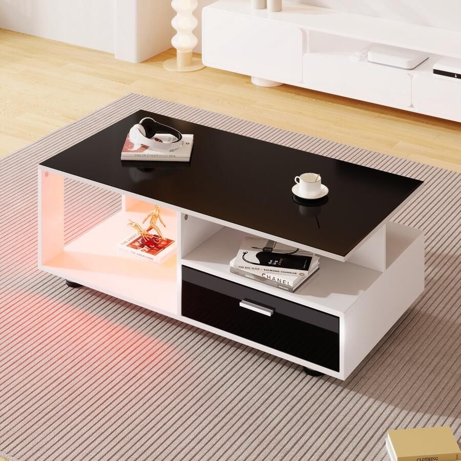 Gutent Salontafel Zwart-Wit Kleurenschema Moderne LED Salontafel met Zwart Hoogglans blad en twee laden met opbergruimte