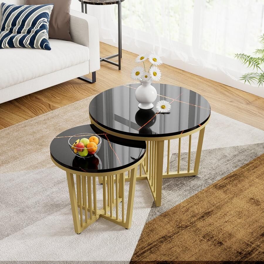 Sweiko Moderne Salontafel met gouden combinatie Bijzettafel met draaifunctie Woonkamer salontafel set bank bijzettafel balkon tweedelige set
