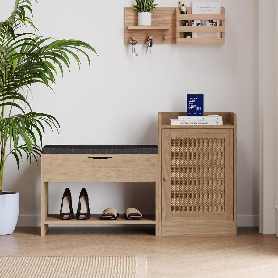 Gutent Schoenbank Natuurlijke kleur Schoenrek Grote Opbergruimte Schoenenkast met Comfortabele Zitting en Schoenenspiegel Afmeting:B100 H62.5 T38 CM