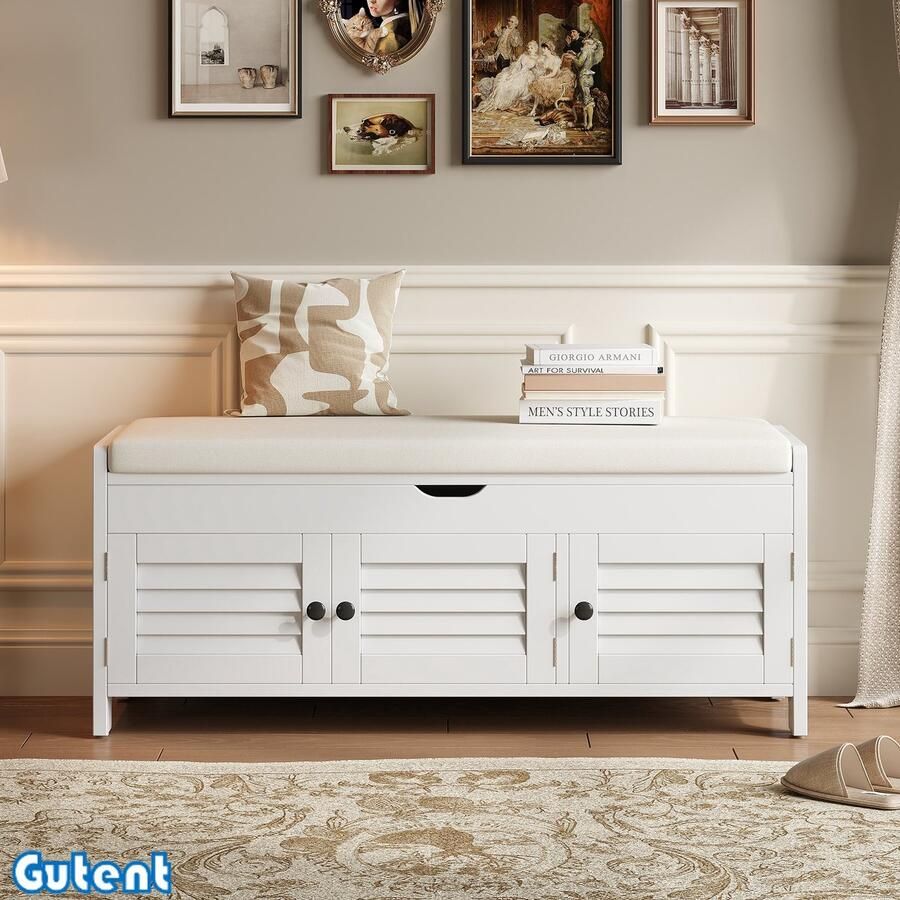 Gutent Schoenbank Schoenenkast met zitting Met drie vleugeldeuren Verborgen bovenblad Met hydraulische stang Wit