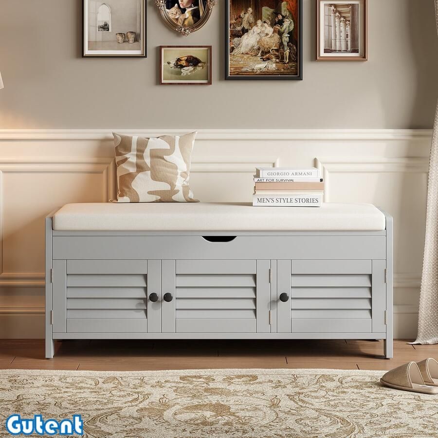 Gutent Schoenbank Schoenenkast met zitting Met drie vleugeldeuren Verborgen bovenblad Met hydraulische stang Grijs