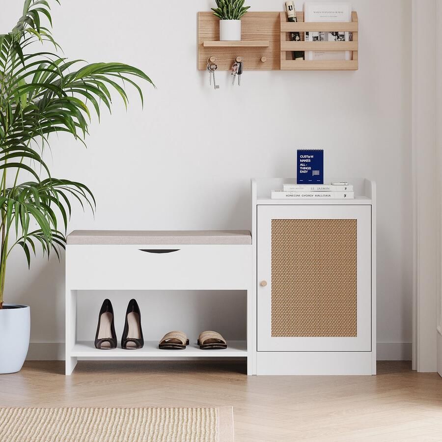 Gutent Schoenbank Wit Schoenrek Grote Opbergruimte Schoenenkast met Comfortabele Zitting en Schoenenspiegel Afmeting:B100 H62.5 T38 CM