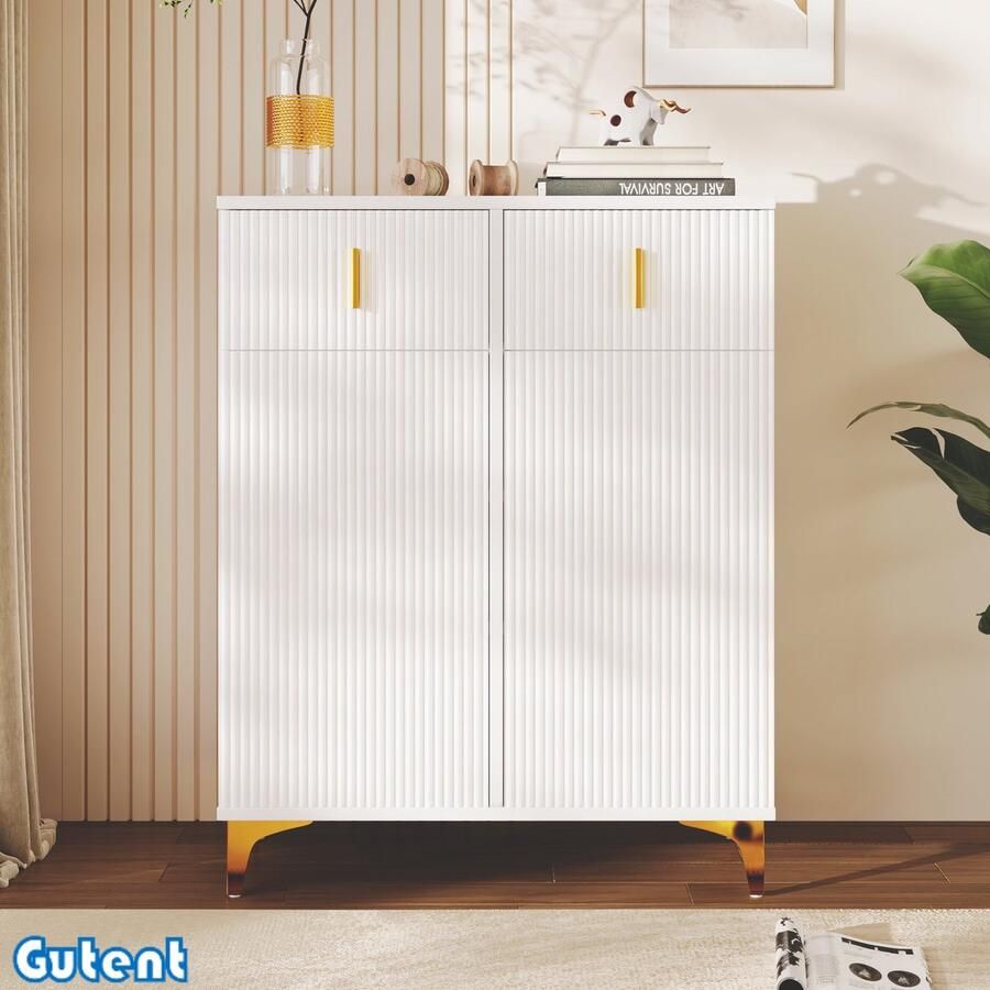 Gutent Schoenenkast Getextureerd bovenblad Verstelbare legplanken Vergulde accenten Met laden Wit