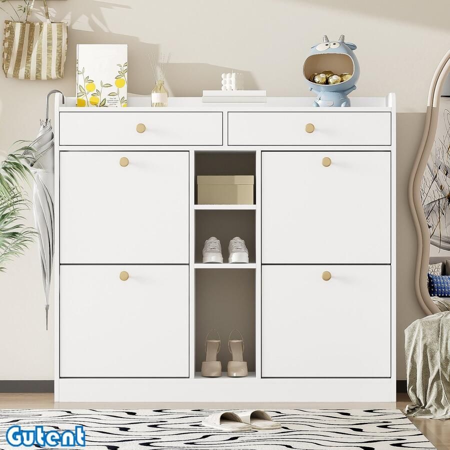 Gutent Schoenenkast in Wit- met 4 draaideuren 2 lades 3 open vakken afmetingen: 110 x 26 x 100 cm