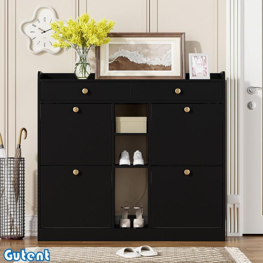 Gutent Schoenenkast in Zwart met 4 draaideuren 2 lades 3 open vakken afmetingen: 110 x 26 x 100 cm