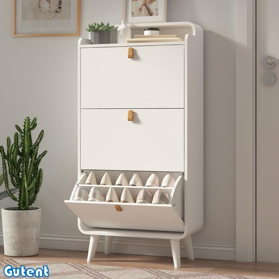 Gutent Schoenenkast Met 3 Uitklapbare Laden Smalle Schoenenkast Met Bovenvak Wit