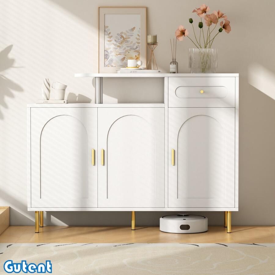 Gutent Schoenenkast met metalen handvat 1 lade en 3 deuren metalen poten Wit Afmetingen: B120 × H92 × D35 cm