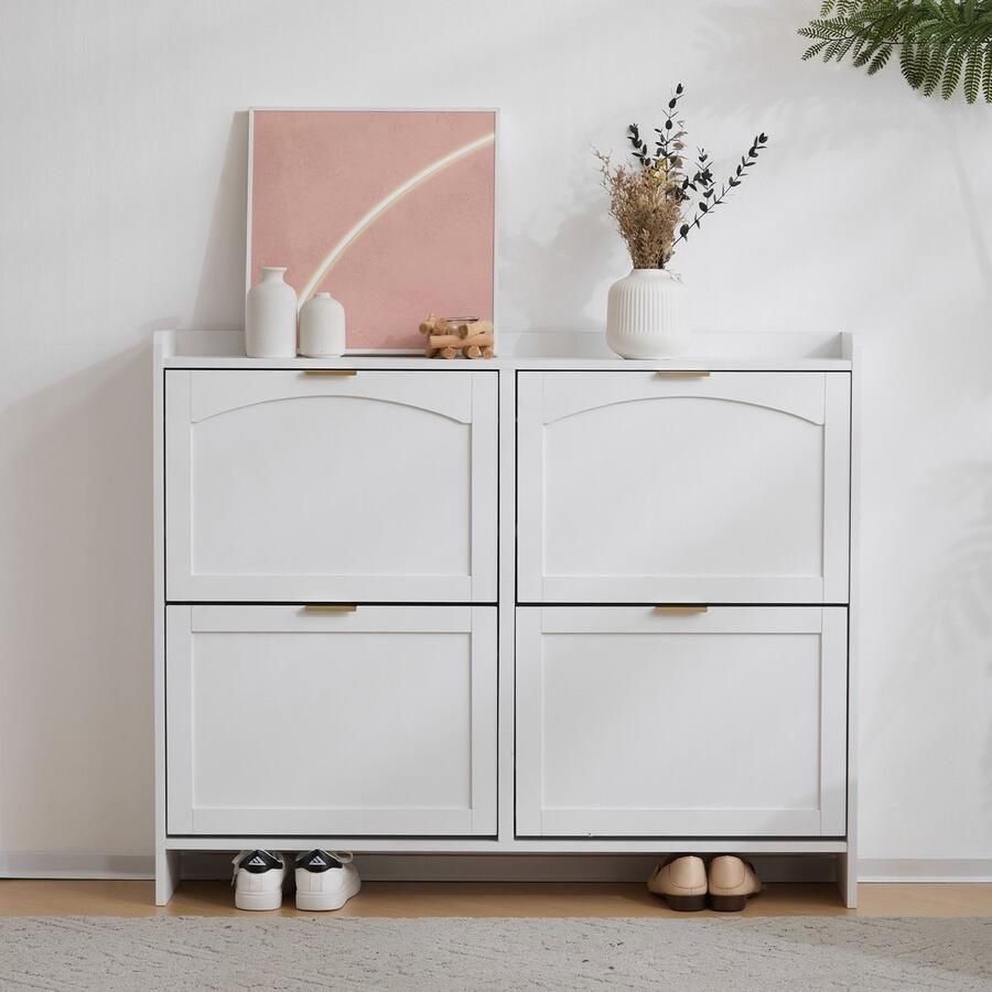 Gutent Schoenenkast Wit met 4 Klapbare Vakken Vrijstaand Schoenenrek Open schappen voor entree of hal afmetingen: B110 H90 T24 cm