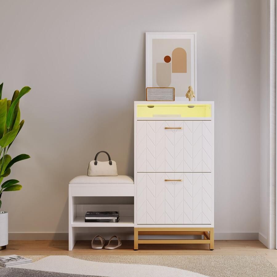 Gutent Schoenenkast Wit Schoenenkast met 2 klapdeksels met Vverlichting Luierbank schoenenrek schoenendraaier