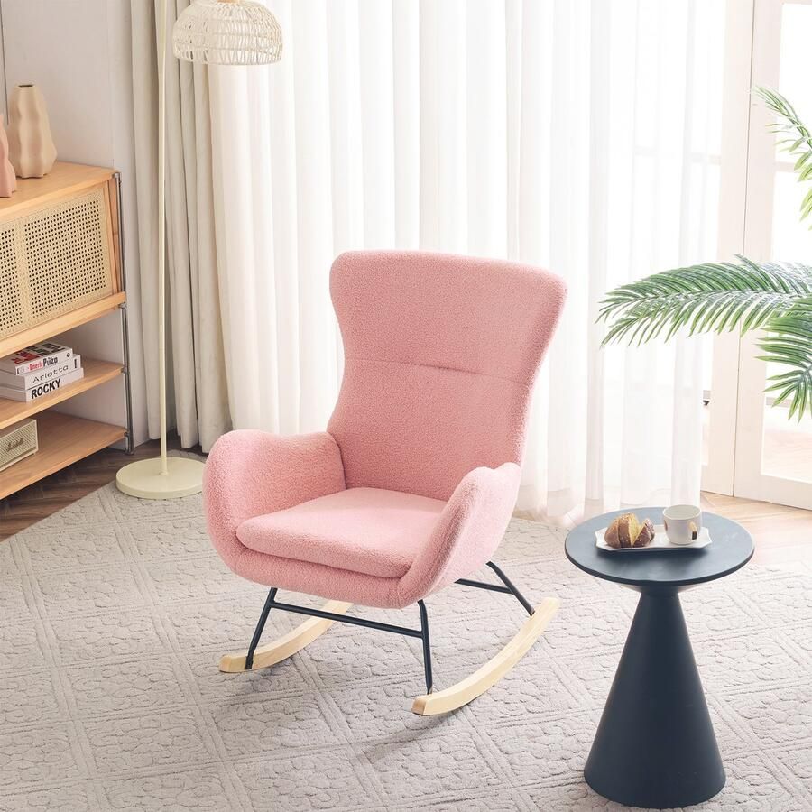 Gutent Schommelstoel Fauteuil Roze Moderne Stijl Hoge Rug Teddy Fluwelen Schommelstoel Vrije Tijd Stoel Single Sofa Stoel Moeder Stoel Kinderkamer Stoel Woonkamer Vrije Tijd