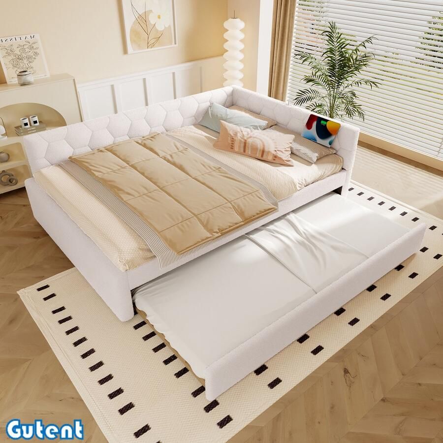 Gutent Slaapbank-140*200 cm-met lattenbodem (zonder matras)-met bedlampje-met uitschuifbed-USB-interface-Type-C-Kunstwol-Wit