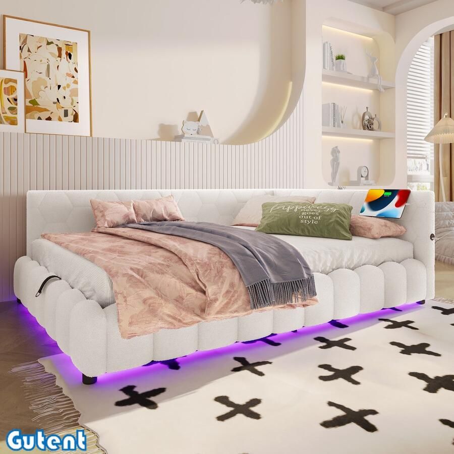 Gutent Slaapbank 140*200 cm met lattenbodem (Zonder matras) met LED-lichtlijst met hydraulisch hefmechanisme USB-interface Type-C wollig Wit