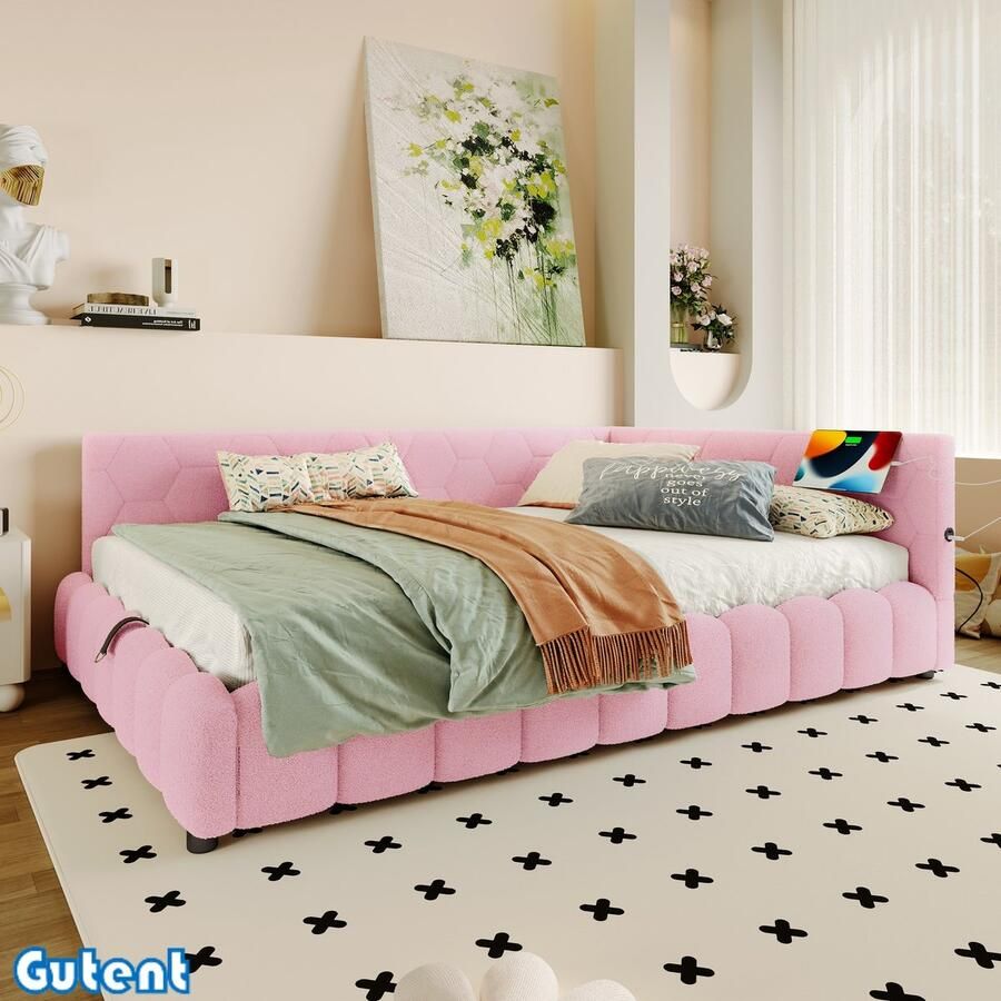 Gutent Slaapbank 140*200 cm met lattenbodem (Zonder matras) met LED-lichtlijst met hydraulisch hefmechanisme USB-interface Type-C wollig Roze