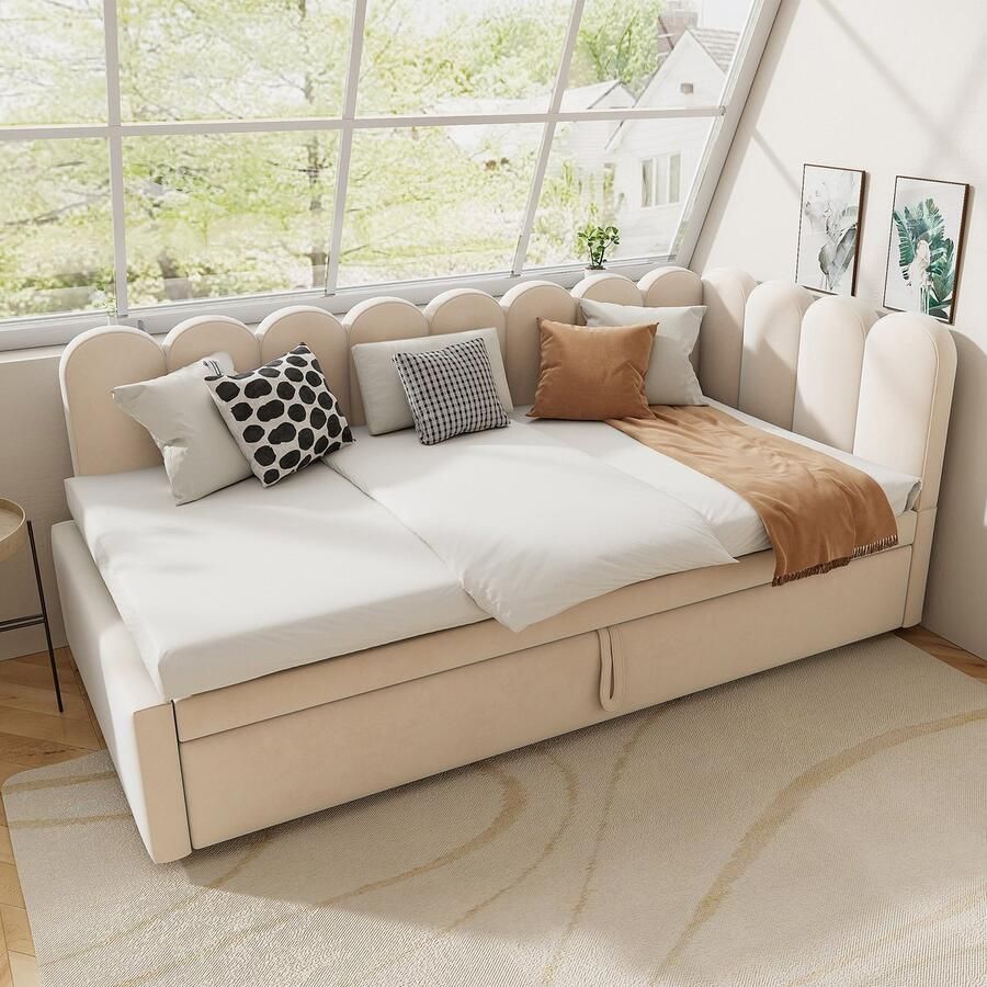 Gutent Slaapbank 2-in-1 multifunctioneel L-vorm (90 180 x 200 cm) Fluweel Beige Ruimtebesparend ontwerp Geen matras