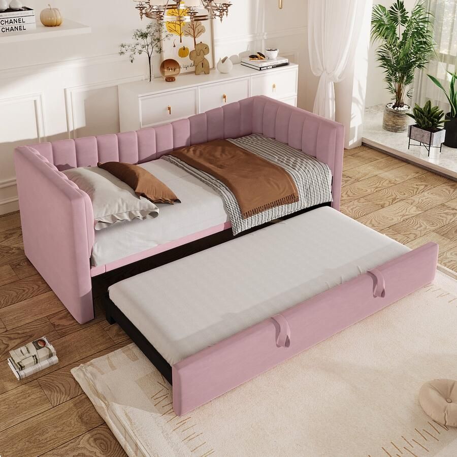 Ligbed 90 x 200 cm (180 x 200 cm) Gestoffeerd bed met uitschuifbaar bed Slaapbank zonder matras Fluweel Roze