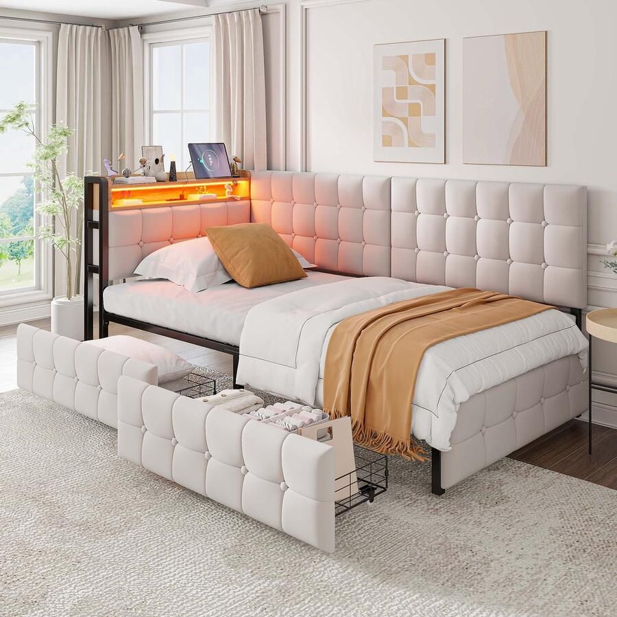 Gutent Slaapbank 90 X 200 cm met 2 laden LED bedlampje USB en C-poorten Beige- Zonder matras